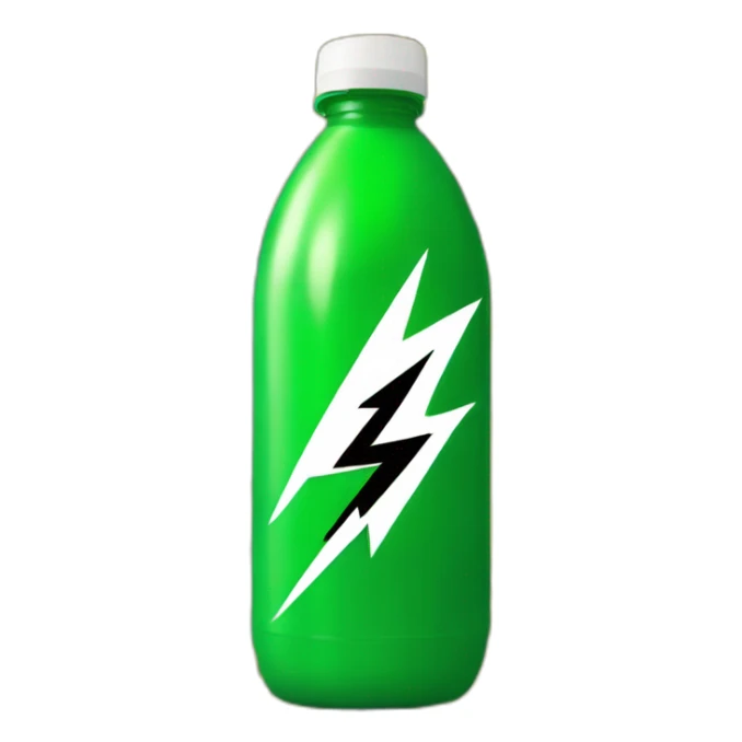 A green plastic bottle with a black label on top, on the black label a yellow and black mullioned lightning bolt collides and turns white  sticker