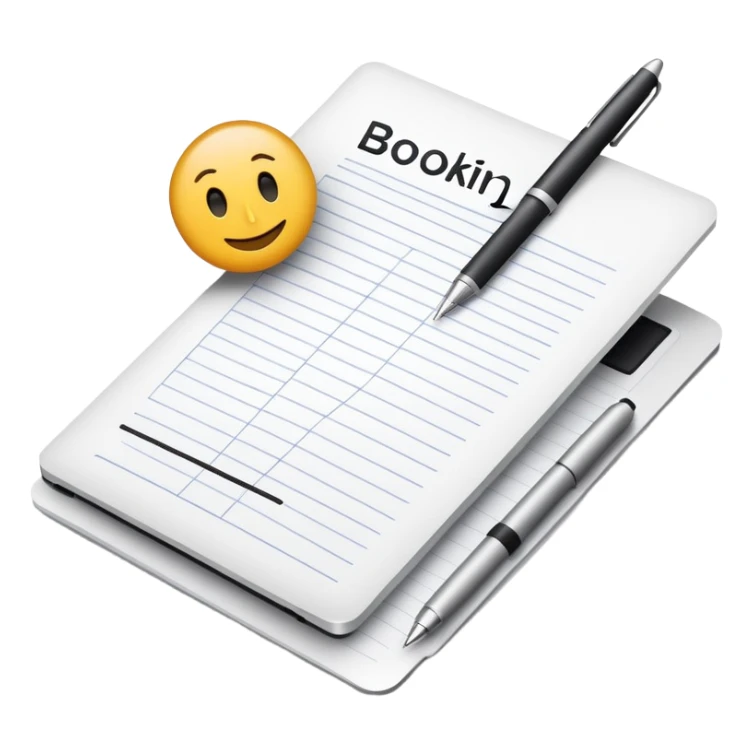 online booking system on MacBook screen beside a classic paper notebook and pen sticker