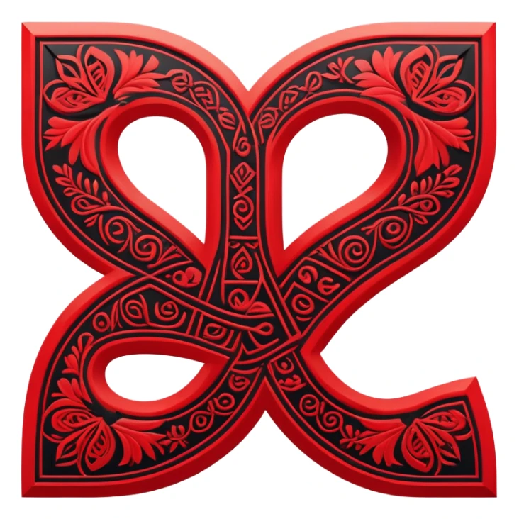 Russian ruble currency symbol (₽) decorated with traditional Udmurt folk patterns, geometric ornaments in red and black colors, symmetrical design sticker