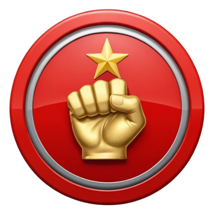 invented traffic sign: red circle with closed fist and star above, diagonal prohibition line sticker