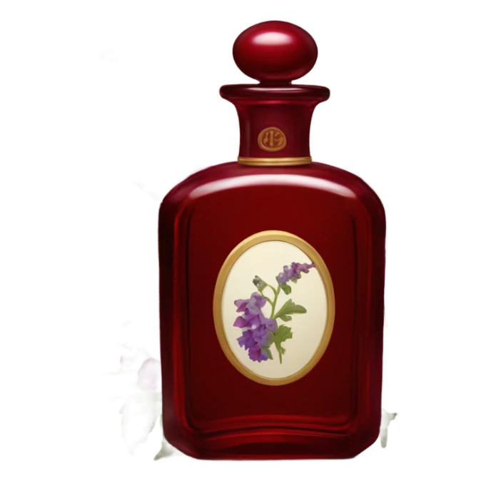 Dark red vintage French style perfume bottle with red delphiniums sticker