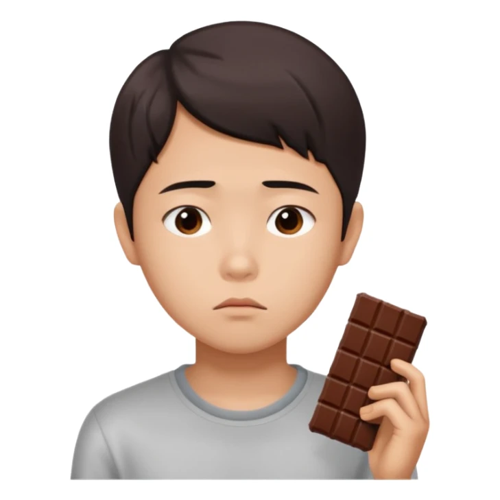 A young Asian dieter with a gloomy expression, thinking of chocolate sticker