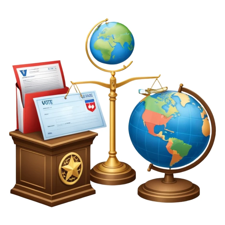An icon featuring a podium with a speaker, a ballot box with a voting slip, and a globe, symbolizing political science. The design includes scales of justice and a world map in the background, representing governance and global politics. Transparent background highlights political analysis. sticker