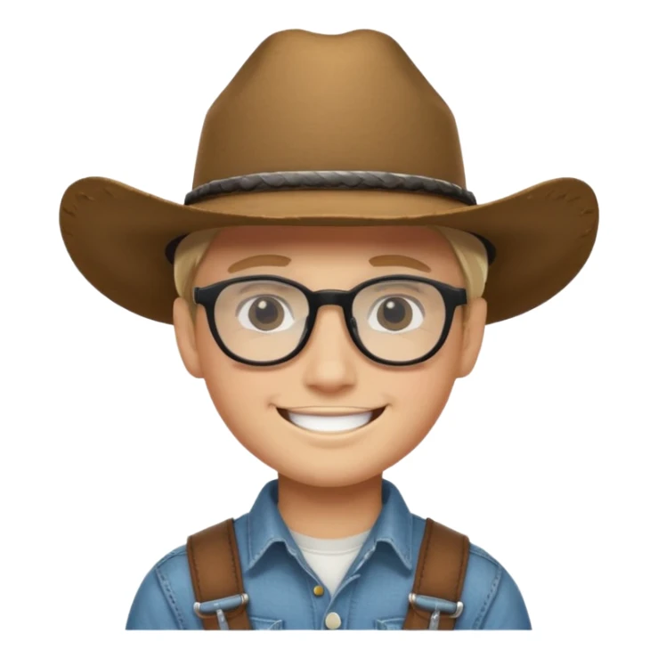 Smiling boy with cow boy hat . With chin strap and black glasses  sticker