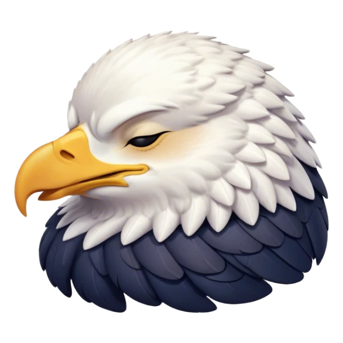 Meme-Worthy Cute Sleeping American Eagle Portrait Emoji, Head resting peacefully with a contented smile, showcasing a broad, stately form with eyes gently closed in serene slumber and a striking contrast of white head and dark body, Simplified yet adorably endearing features, highly detailed, glowing with a soft, drowsy majestic light, high shine, relaxed and utterly lovable, stylized with an air of playful laziness, soft glowing outline, capturing the essence of a sleeping American eagle that feels destined to become the next viral icon of adorable rest! sticker