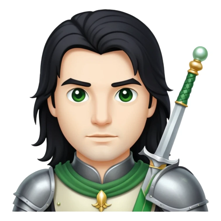 A knight with long black hair on a green and pearl Sabre sticker