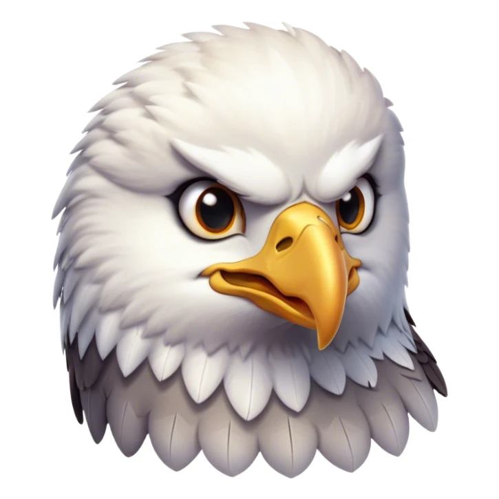 Cinematic Cute American Eagle Portrait Emoji, Head tilted playfully and inquisitively, featuring a streamlined form with a subtle blend of dark and white plumage and round, sparkling eyes full of spirited charm, Simplified yet irresistibly adorable features, highly detailed, glowing with a warm, inviting glow, high shine, affectionate and lively, stylized with a touch of whimsical aerial grace, soft glowing outline, capturing the essence of a mischievous yet endearing American eagle that seems as if it could glide out of the screen into your heart! sticker