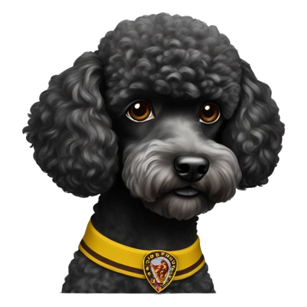 A black miniature poodle with a shaved face and a black collar with gold Versace emblems on it wearing an Arizona state #4 football jersey  sticker