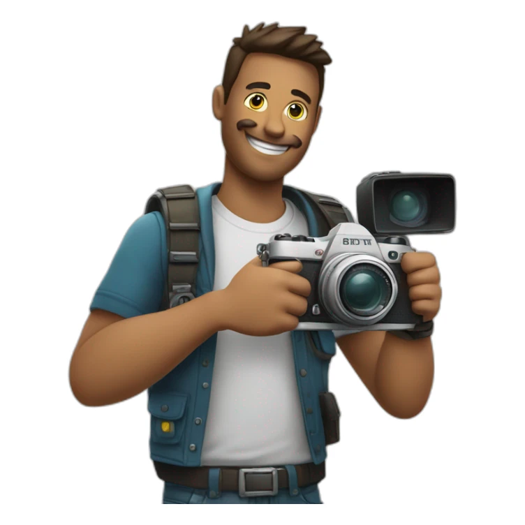 Photographer with a camera in one hand and the other hand doing a thumbs up sticker