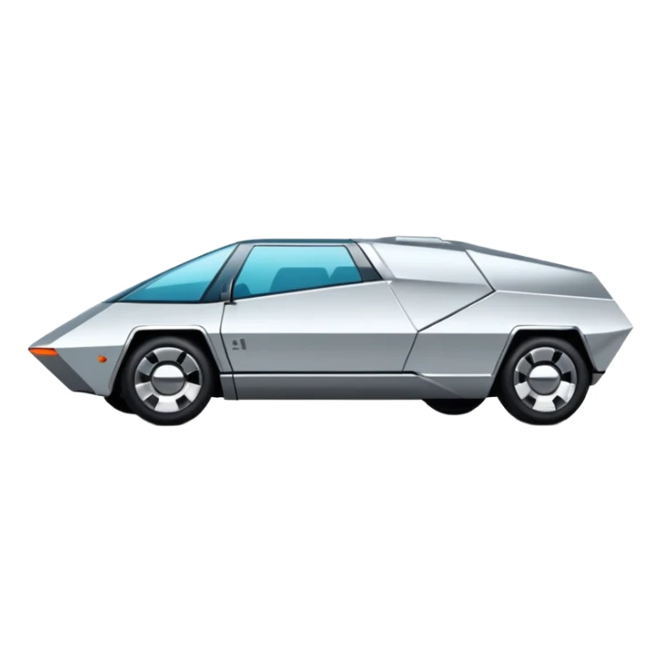A futuristic chrome car emoji, sharp geometric body design inspired by cybertruck aesthetics, smooth silver metallic surface, matte and glossy chrome mix, minimal details, soft reflections, clean edges, iOS emoji style, centered, clean white background, soft studio lighting, no text sticker