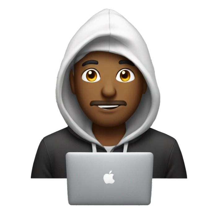 hombre con buzo y capucha con una macbook sticker