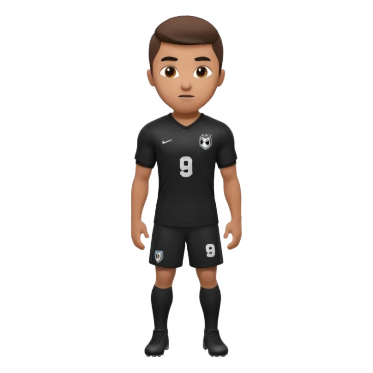 Apple iOS style 22 year old soccer player standing confident, black jersey #9, premium 3D sticker