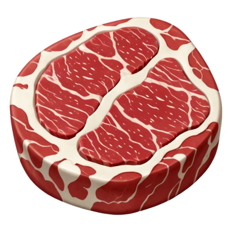 realistic raw entrecôte steak thick red meat strong white marbling rounded natural shape curved fat cap visible muscle grain fresh moist no grill no plate no faces clean 3D soft lighting transparent background emoji scale sticker