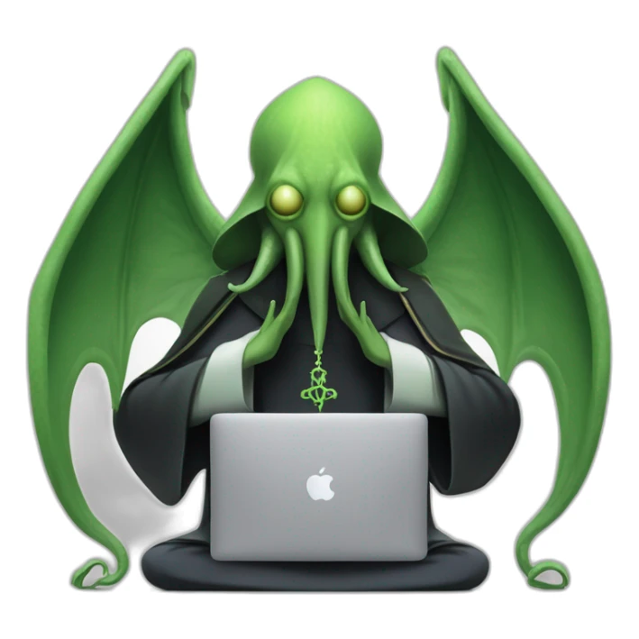 cthulhu priest praying over macbook laptop with veloxtos logo sticker