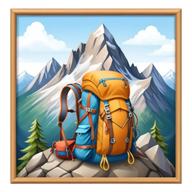 Icon for Mountain Tourism and Climbing: a mountain peak in the background, climbing gear and backpack. The icon should capture the adventure and challenge of alpine exploration. Transparent background. sticker