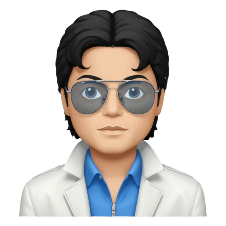 Michael Jackson is white, wearing completely black smokey Ray-Ban glasses, a white jacket, and a blue shirt. sticker