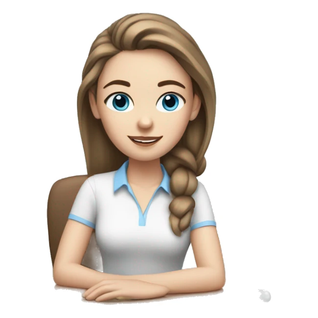 white girl at desk, brown hair, ponytail, blue eyes, computer, airpods sticker