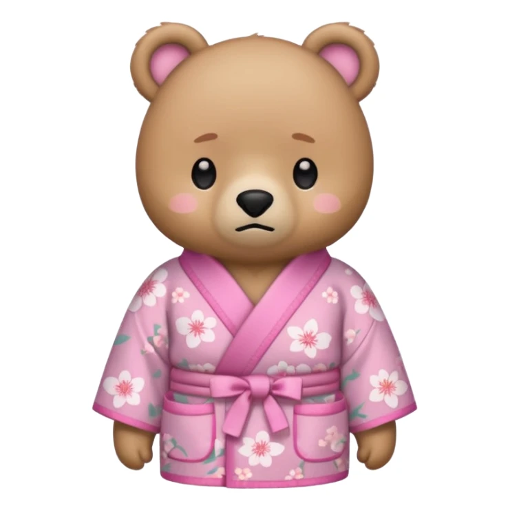 A cute light-brown bear wearing a pastel pink sakura-patterned kimono, normal balanced body ratio.  
Pulling out both empty pockets with a sad and embarrassed expression, small sigh lines.  
Kawaii emoji style, minimalistic clean sticker illustration, white background. sticker