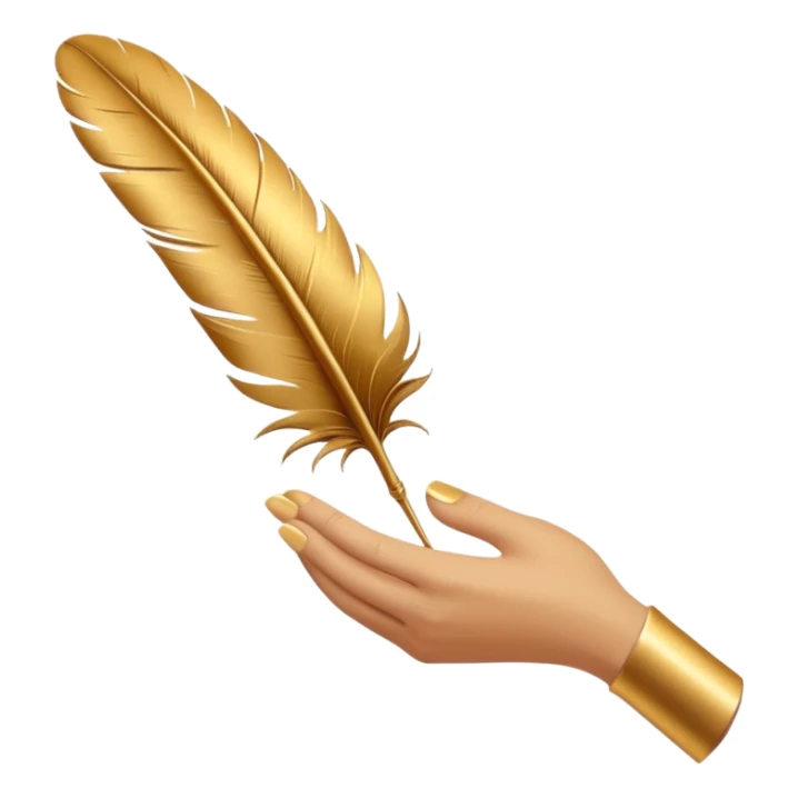 3D perspective hand holding premium golden ink feather sticker