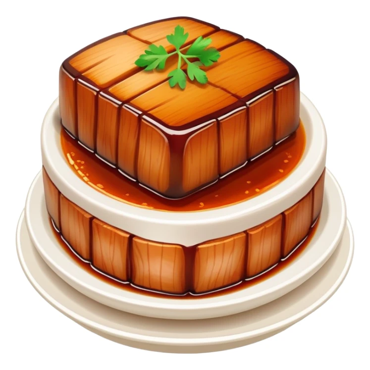 Dongpo Pork braised pork belly caramelized dish, simplified emoji style with bold outlines and bright colors, cartoon style Chinese culinary heritage sticker