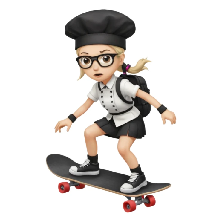 ["An angry woman with light skin, ponytail, wearing a chef hat and square glasses, dressed in goth fashion, is skateboarding while holding a backpack."] sticker