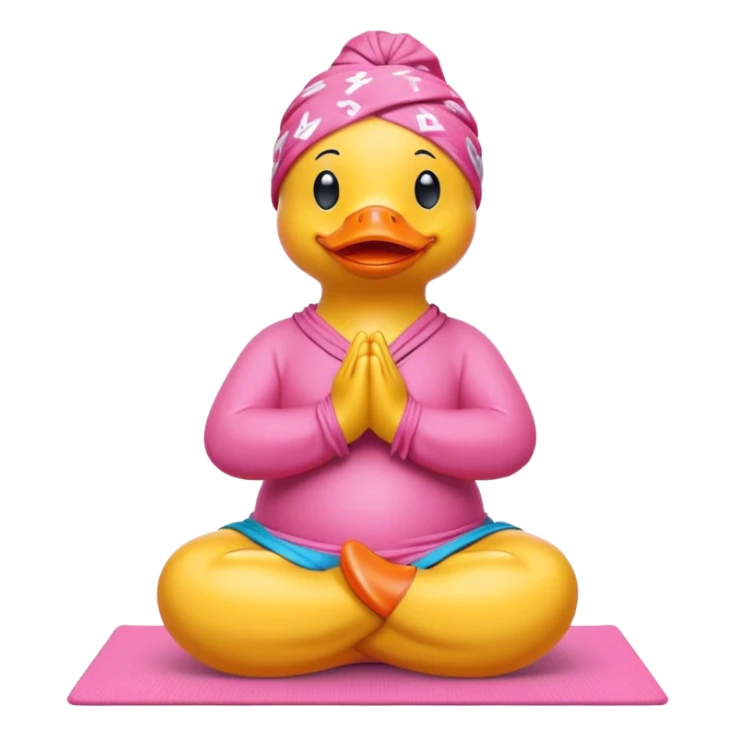 side view of yellow rubber duck with a pink bandana doing yoga while praying sticker