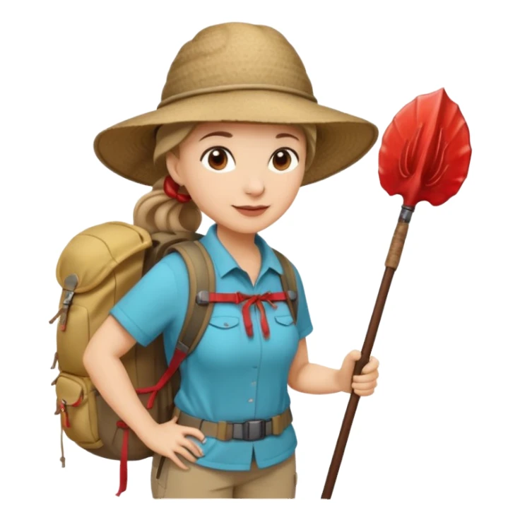 Middle aged women, long brown ponytail with wide brim hiking hat. With backpack and trekking poles. Backpack has a scallop shell with the cross of saint james hanging from it.  Remove the cross and add a scallop shell on a red string hanging from the backpack  sticker