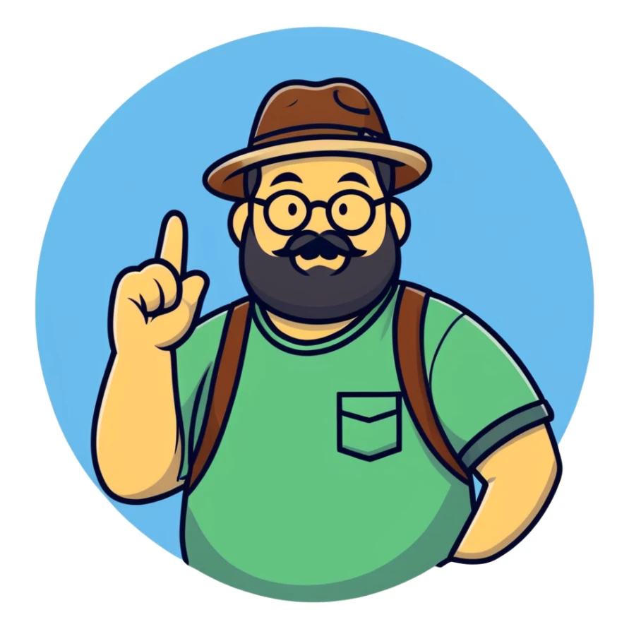 Fat bearded nerd wearing fedora hat pointing up to the sky with finger sticker