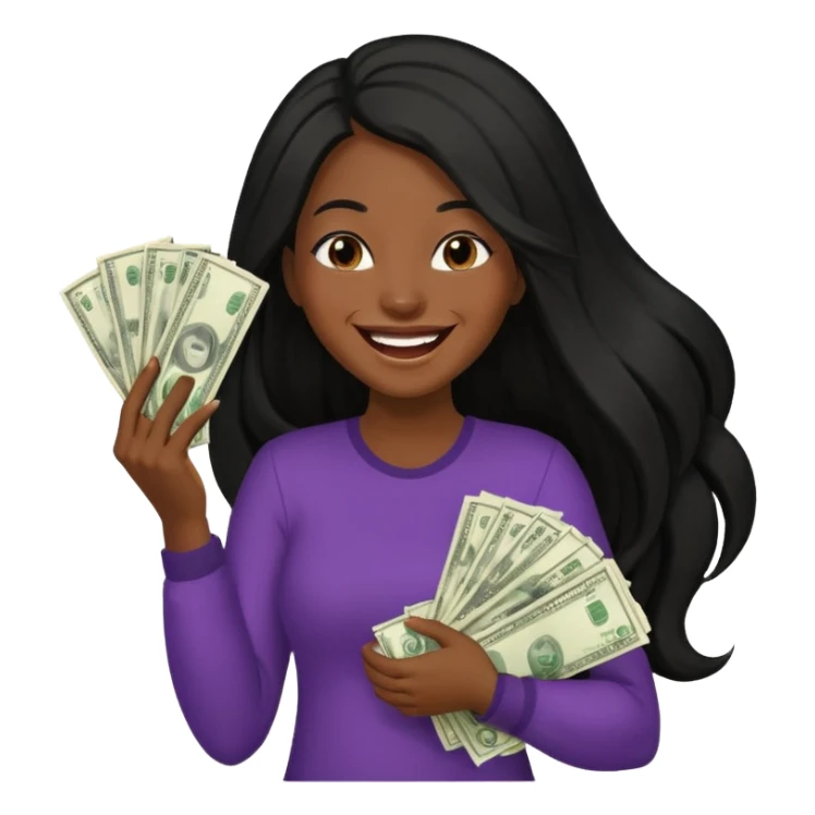 laughing dark long haired woman holding lots of money sticker