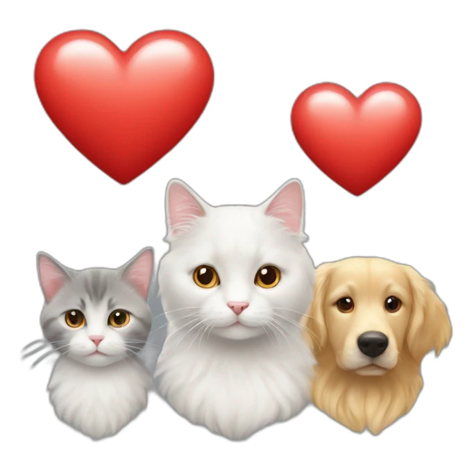 White cat, grey cat and golden retriever in à red heart sticker