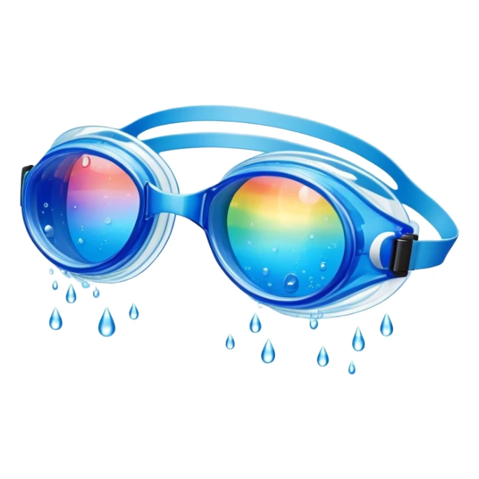 Transparent blue swim goggles, water droplets refracting rainbows sticker