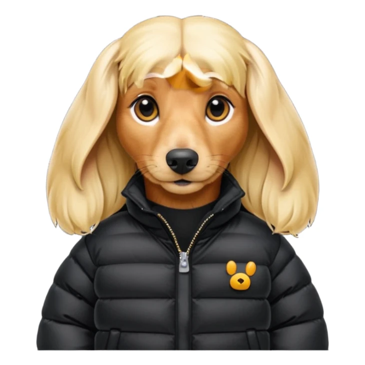 Long hair blonde Daschund dog in oversized black puffer  sticker