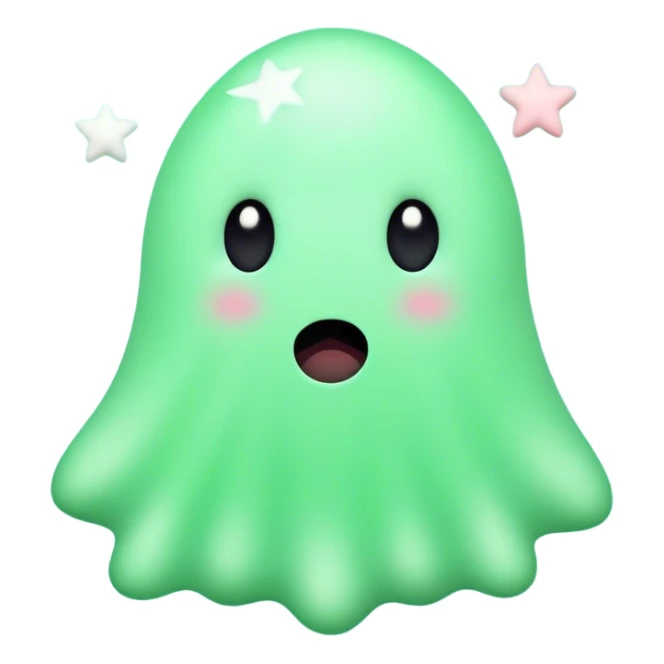 A cute, light green animated blob ghost with big round black eyes, a small white mouth, and rosy cheeks. The character has a unique upward-curving white tuft on its head. It stands against a soft pastel green background with a small white star to its left.  sticker
