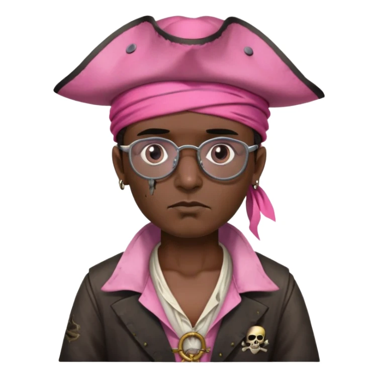 a pirate,from somalia, black skin,big forehead,pink pirate hat, dirty clothes, broken eyeglasses sticker