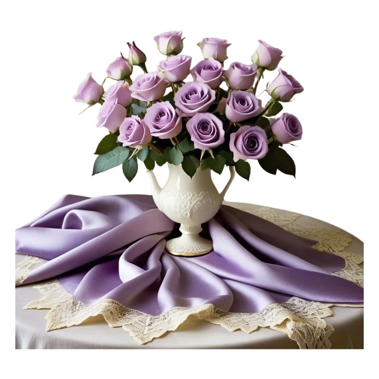A dreamy, ethereal composition set in soft natural light: a lavish bouquet of light violet Ascott tea roses sits atop a vintage lace-covered table, their petals exuding a subtle fragrance. A deep purple satin throw adds contrast, its texture rich and luxurious. A graceful lavender butterfly hovers delicately above, as if drawn to the scene. An ivory silk ribbon, artfully tied into a loose bow, rests beside a beautifully designed pearl-colored vintage perfume flacon, its glass reflecting the surrounding hues in an elegant glow. sticker