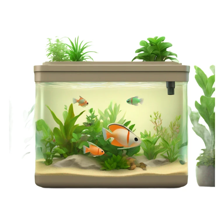 Rectangular fush tank, beige lid and wedges with plants and Tetraglow fish sticker