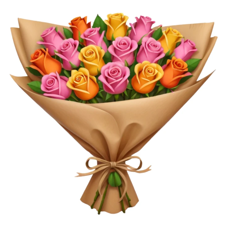 Bouquet of red orange pink yellow roses in package sticker