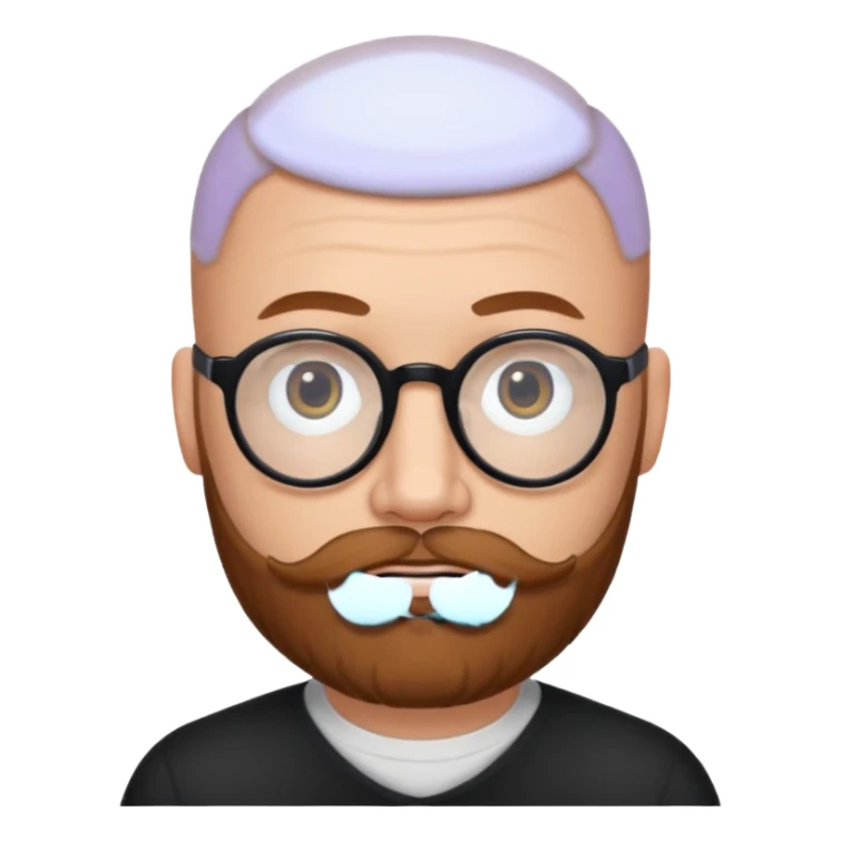 emoji 32-year-old white man, bald with a chestnut beard and mustache, small head with round black glasses. sticker
