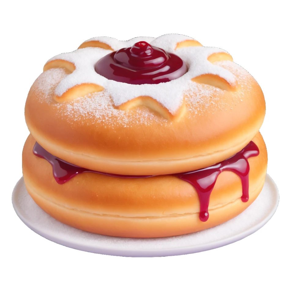 a single Berliner Krapfen, round, golden-brown, no hole, heavily covered with powdered sugar, with visible jam filling sticker