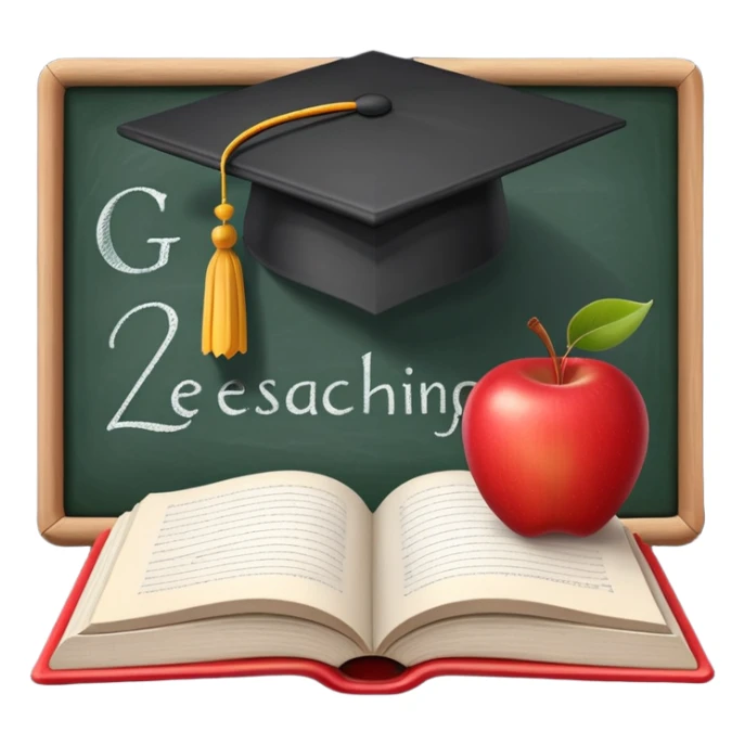 An icon featuring an open book, a chalkboard with lesson plans, and a pencil, symbolizing education and pedagogy. The design includes an apple and a graduation cap, representing teaching and learning. Transparent background highlights the growth and development in education. sticker