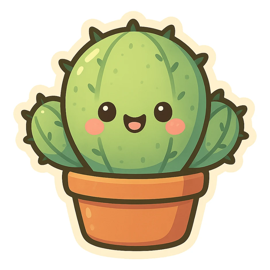 cute and exaggerated chibi sticker-style cactus with a smiling face sticker