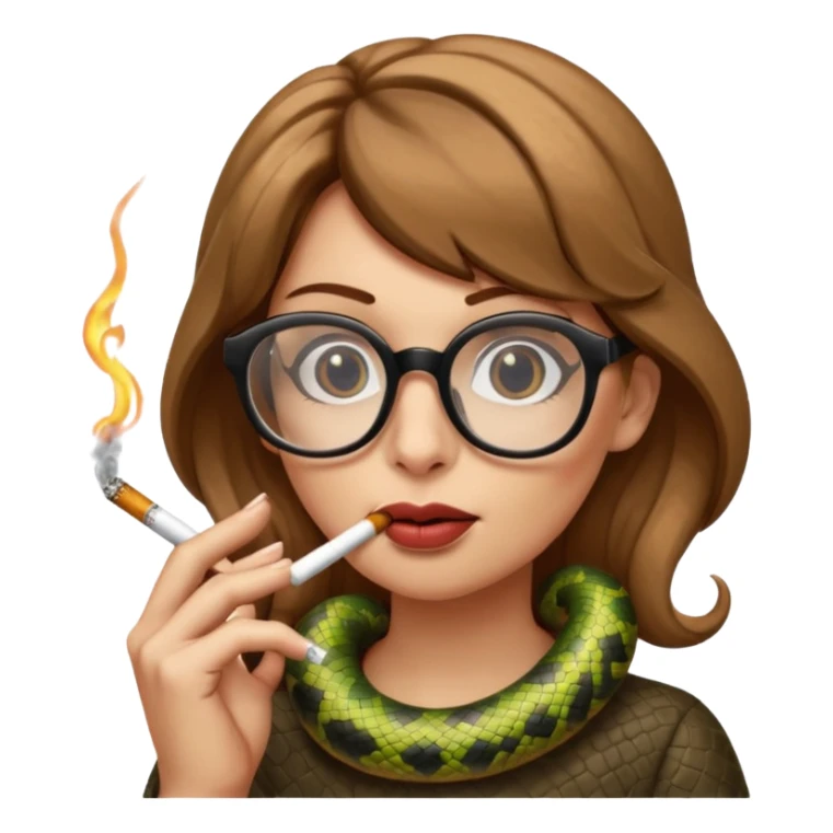 can you create a sneaky SNAKE with big glasses smoking a cigarrette - with light brown hair, with hands on her chin as if she's innocent but with a bitchy look in her eyes and cigarrette in the mouth - the emoji itself is a snake with all these characteristics sticker