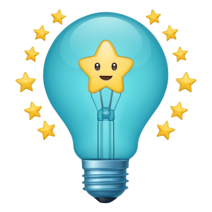 Light bulb icon with three small stars inside the bulb, flat emoji style, outline with blue and turquoise colors, white background sticker