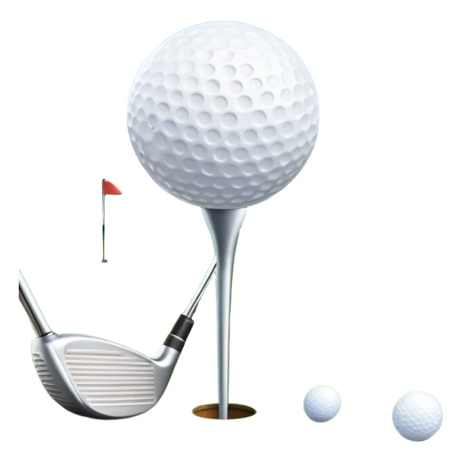 A golf ball on a tee with a golf club placed beside it, set against the backdrop of a well-manicured green golf course. The scene emphasizes the equipment and serene atmosphere of the sport, with soft lighting and a peaceful, open landscape sticker