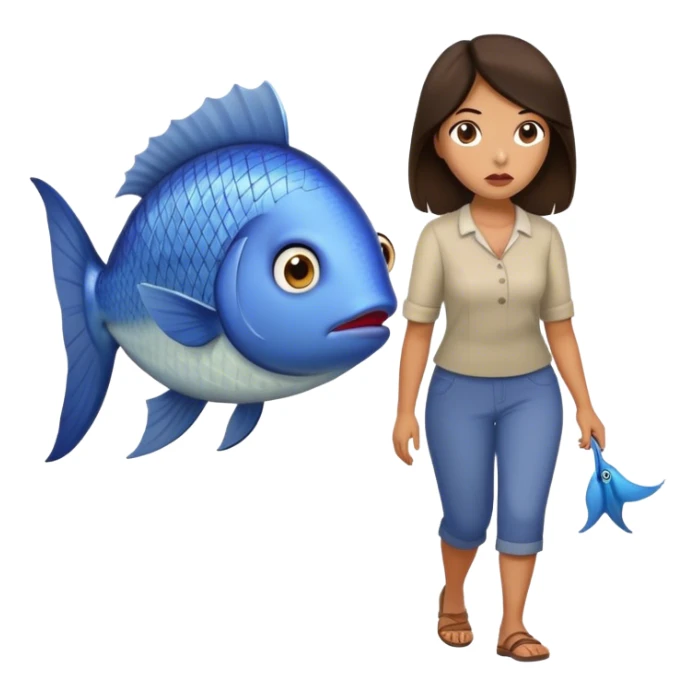 Annoyed Brunette Woman walking with huge fish sticker