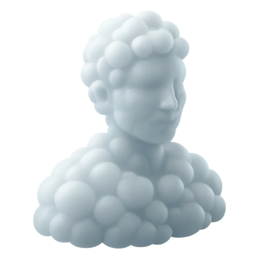 person looking straight, composed entirely of white fluffy convex clouds, shoulder up sticker