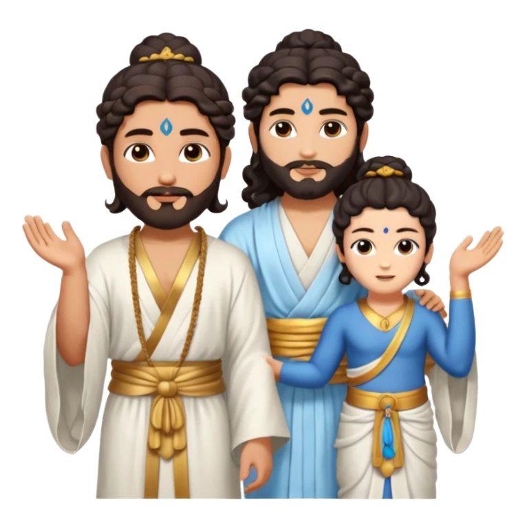 Create a Jesus - long wavy dark-brown hair, short beard, wearing a simple white robe., Krishna- blue skin with dark curled hair , and Buddha standing together. Buddha: warm golden or light tan skin, dark curled hair with a traditional top bun (ushnisha)

 sticker
