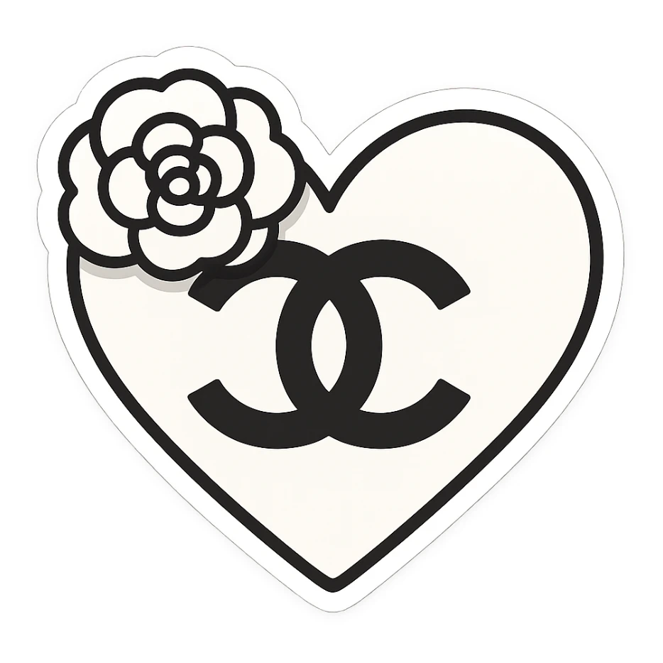 Chanel heart, cute, black and white, with a camellia flower, chibi stickers style sticker