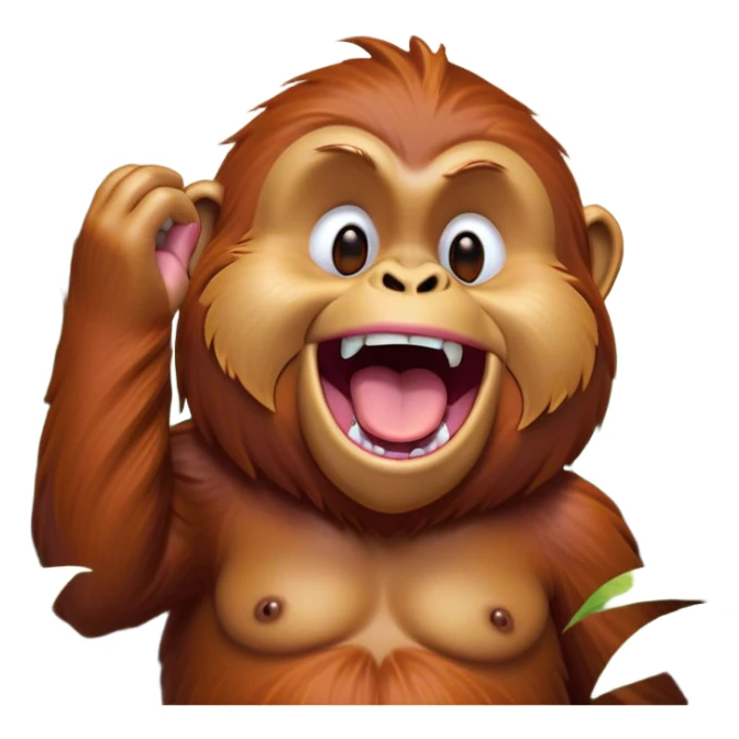 Cinematic Cute Yawning Orangutan Portrait Emoji, Head tilted slightly with a dramatic, wide-open yawn, showcasing a richly textured face with half-closed, sleepy eyes and a relaxed, open expression, Simplified yet irresistibly adorable features, highly detailed, glowing with a soft, cozy jungle glow, high shine, relaxed yet expressive, stylized with a dash of whimsical charm, soft glowing outline, capturing the essence of a drowsy yet affectionate guardian that appears ready to stretch out for a nap! sticker