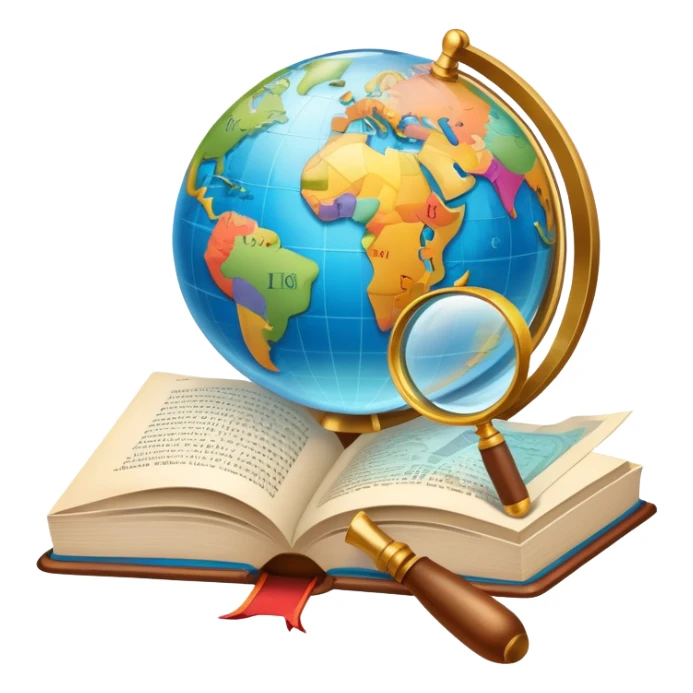 An icon featuring an open book, a speech bubble, and a magnifying glass, symbolizing philology and linguistics. The design includes language symbols, a globe, and alphabet letters, representing the study of languages and their structures. Transparent background  sticker